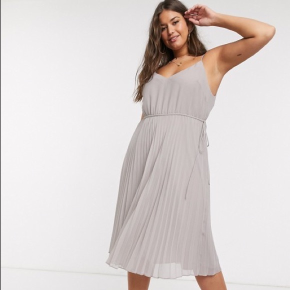 pleated cami midi dress with drawstring waist
